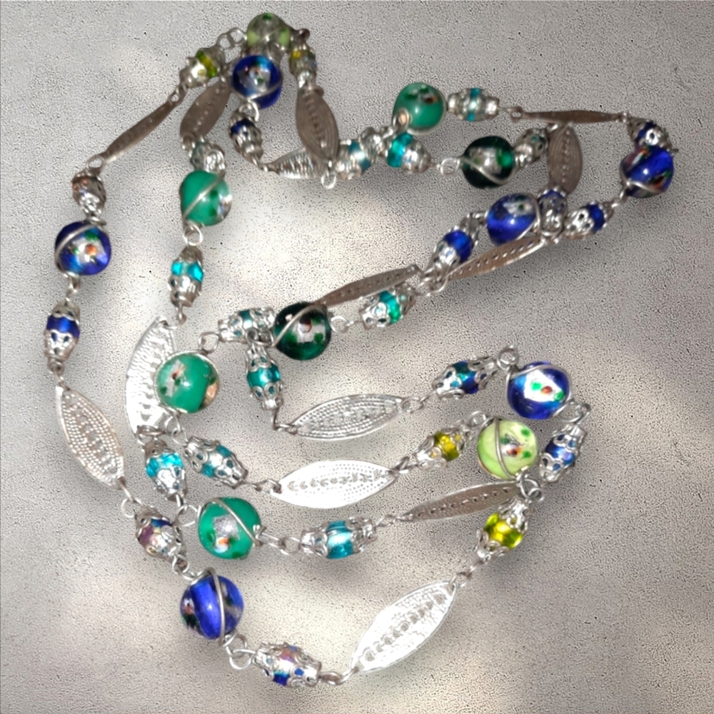 Czech glass Art Foil Beaded filigree Wire Vintage necklace blue green yellow